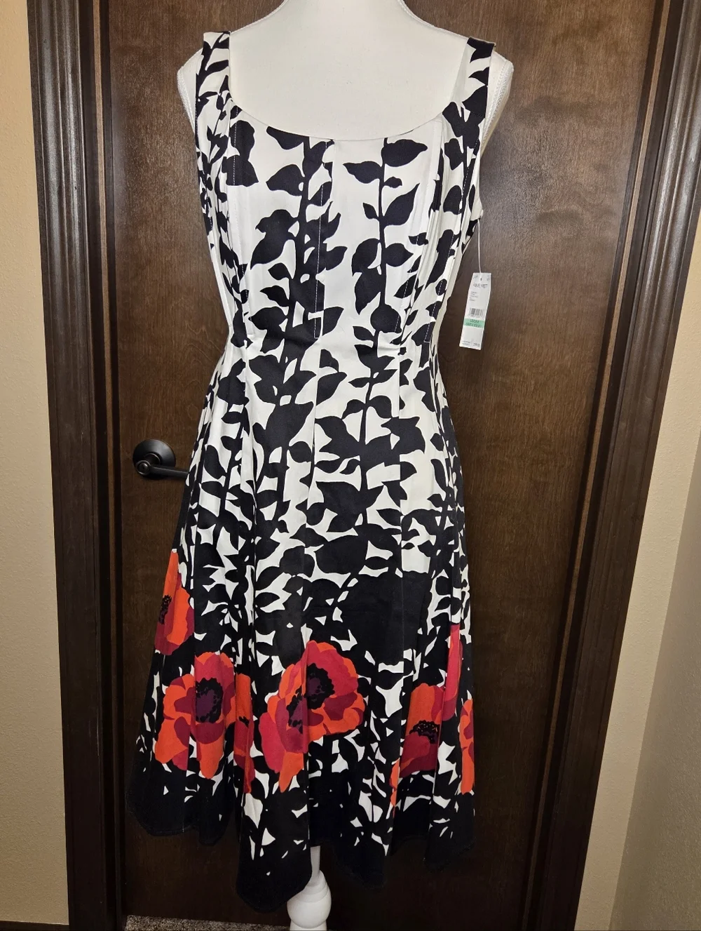Nine West Black & White Floral Midi Dress with Red Floral Border NWT - Picture 2 of 14